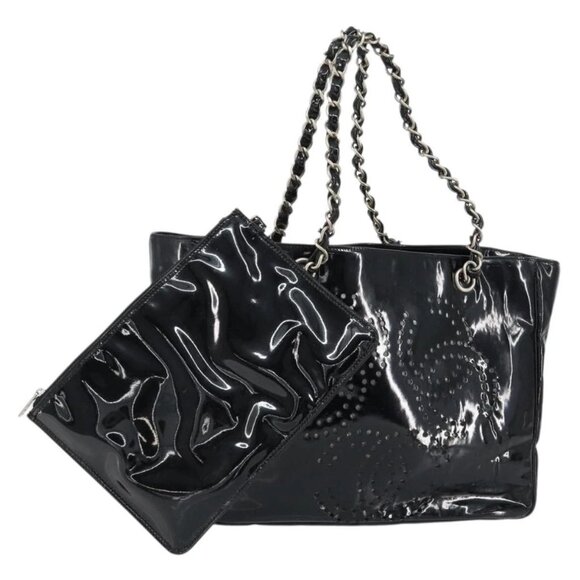 CHANEL Handbags - CHANEL Triple Coco Chain Tote Bag Patent leather Black Silver CC Auth 146826
